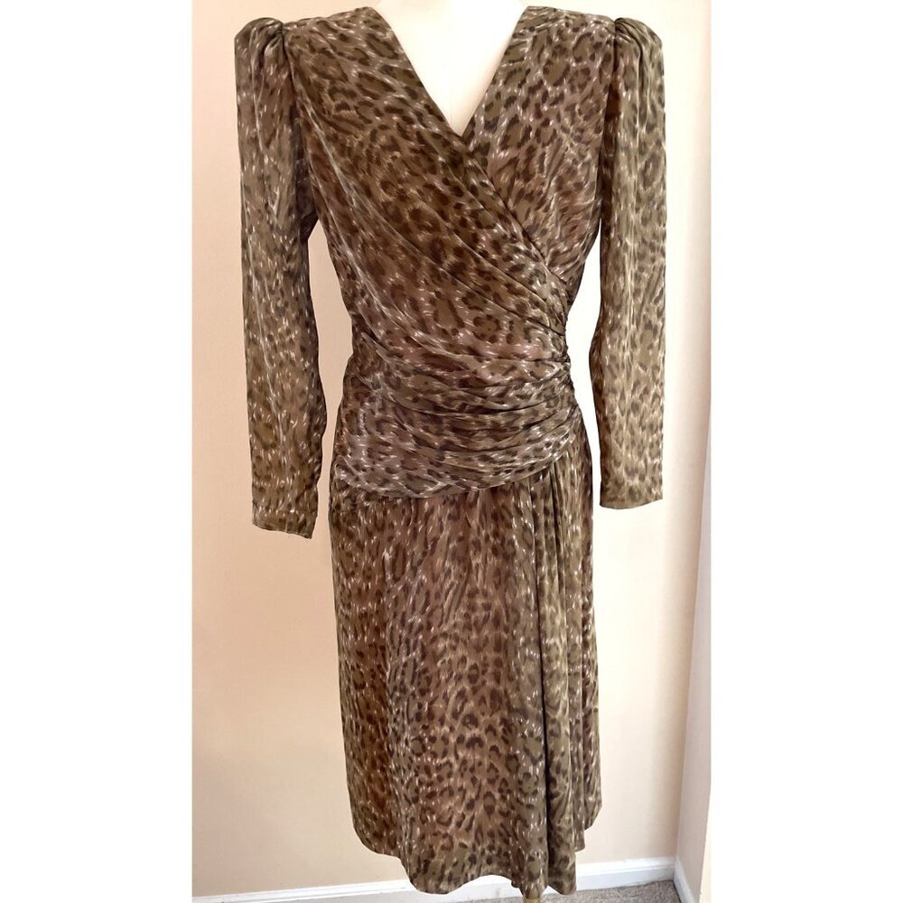 Vintage Stanley Sherman Silk Dress Faux Wrap Size 4 Animal Print Sheer Fairy